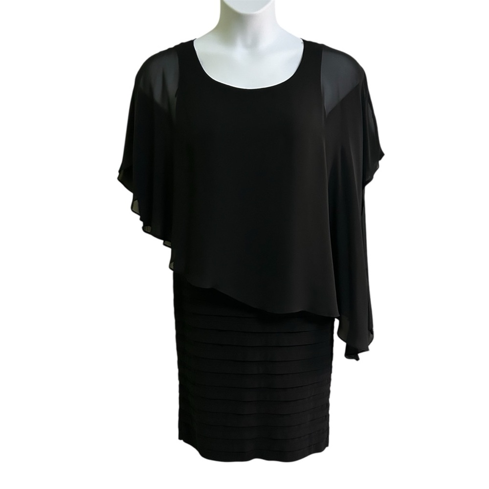 Adrianna Papell Black Capelet Chiffon Sheath Dress Shutter Pleats Formal Sz 6